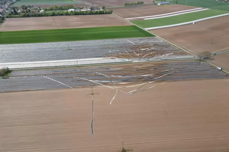 Deutlich ist zu sehen, welchen Weg durch die Folien die Windhose einschlug. 