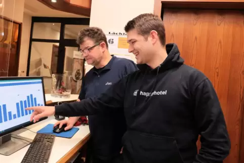 Im Job: Fußballer Sebastian Kuhnhardt (rechts) entwickelt Software für Hotels.