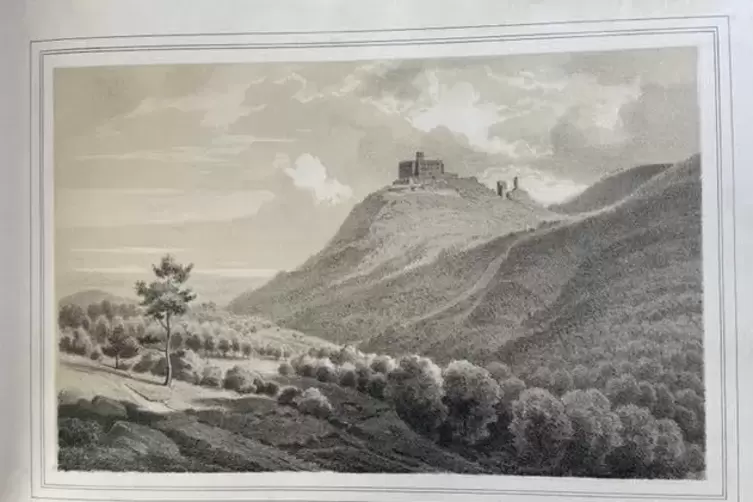 Ein Bild der &bdquo;Maxburg&ldquo;, dem Hambacher Schloss, aus einer Werbebrosch&uuml;re von 1854. 