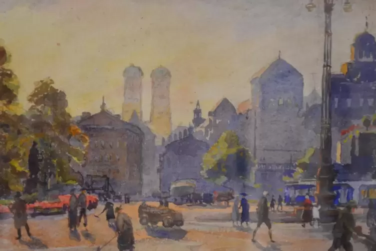 Erinnerungen an die Studienzeit: ein Aquarell von August Croissant mit einer M&uuml;nchner Stra&szlig;enszene.