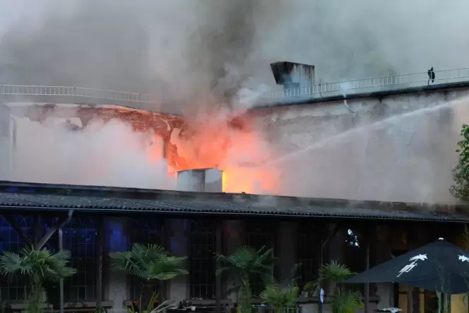 Flammen schlagen aus dem Dachbereich einer der Hallen des Fabrikgeländes. Die Feuerwehr war bis zum Morgen mit den Löscharbeiten