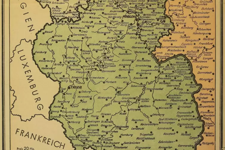 Gr&uuml;n eingef&auml;rbt zeigt diese Karte von 1945 die franz&ouml;sische Besatzungszone. Das aus diesen Regionen entstandene Rheinland-Pfalz 