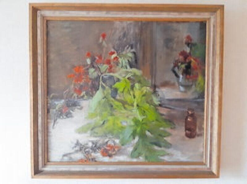 » Pflanzen im Spiegel «, des Künstlers Wilhelm Schnarrenberger, 1941, 85x78 cm, Öl auf Holz, in barokeskem Rahmen aus Familienbe