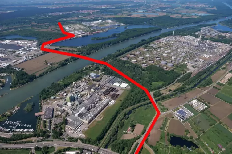 Der Streckenverlauf der 2. Rheinbr&uuml;cke &ndash; allerdings ohne die Anbindung an die B 36 im Westen. Die muss noch gefunden werden. 