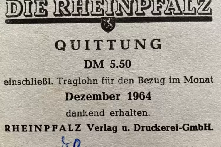 RHEINPFALZ-Quittung von 1964.