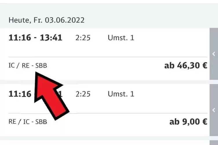 Bei Fahrten mit Umstieg erkennt man solche Fernzug/Regio-Zwitter bereits in der Liste der Verbindungen.