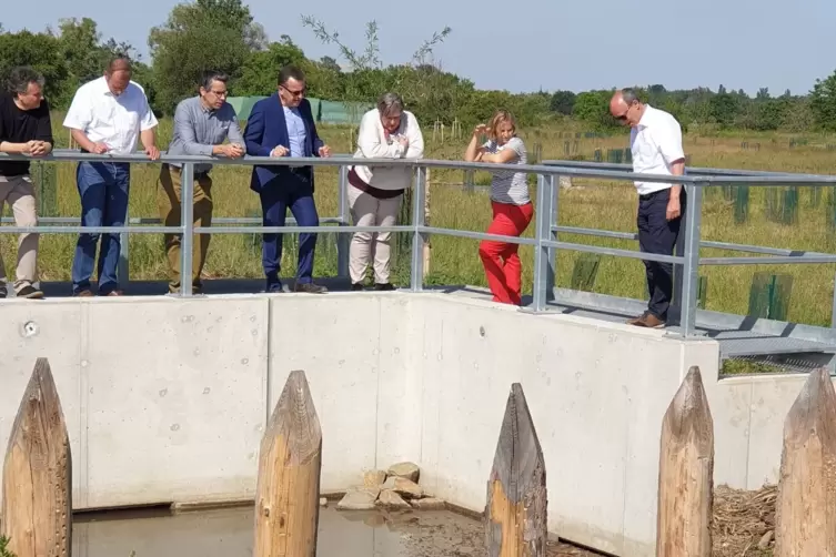 Ministerin Katrin Eder (rote Hose) brachte nicht nur Geld mit, sondern sah sich auch das Hochwasserschutzprojekt in Ungstein an.