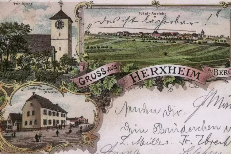 Auf einer historischen Postkarte mit Motiven von Herxheim am Berg ist das Gasthaus links unten zu sehen. 