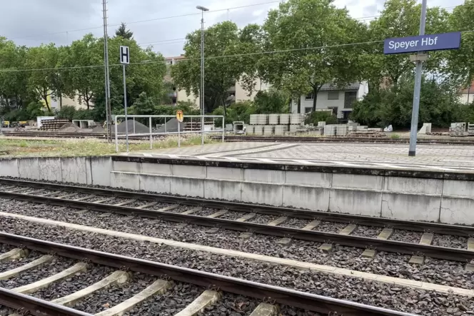 Bahnhof Speyer: vorne die Gleise, hinten ein Teil der Baumaterialien.