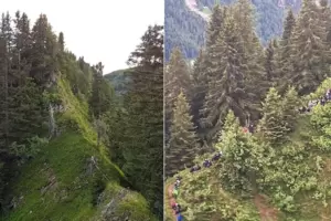 Links im Bild: ein Abschnitt der im Internet empfohlenen Tour. Rechts: die Pfälzer Gruppe am Heuberggrat in Österreich.