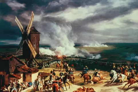 Horace Vernet (1789-1836) war Spezialist für heroische Schlachtengemälde, sein Bild der Kanonade von Valmy entstand 1826.
