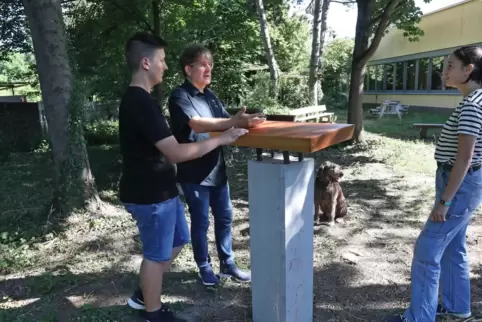 Leon Kniller, Lehrer Ulrich Roos und Michelle Birkmeyer sind mit dem Pult hochzufrieden.