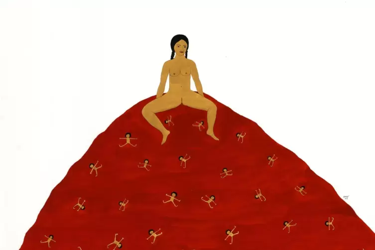 Kubra Khademi spielt mit religiösen und mythologischen Motiven, hier in der Gouache „Red Carpet“ von 2019.