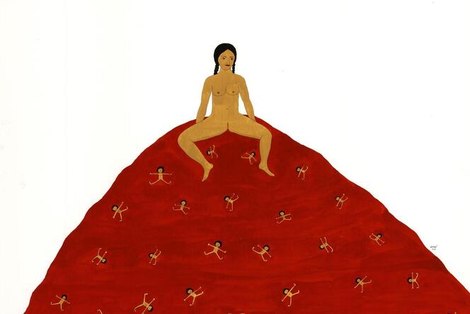 Kubra Khademi spielt mit religiösen und mythologischen Motiven, hier in der Gouache »Red Carpet« von 2019.