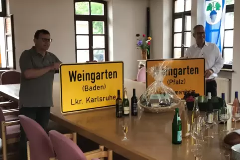Verkehrte (Schilder-)Welt. Eric Bänziger (re.) ist Bürgermeister von „Wengerde“ und Stefan Becker Bürgermeister von „Wingerde“. 