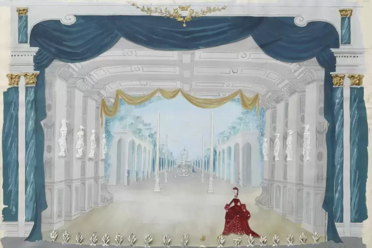 Entwurf für die ständige Bühnendekoration des barocken Schlosstheaters in Schwetzingen. 