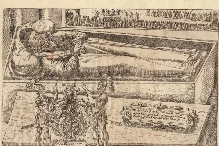 Diese seltene Radierung, die den Pfalzgrafen Johann Casimir aufgebahrt in seinem Sarg zeigt, hat Gerhard Hofmann übers Internet 