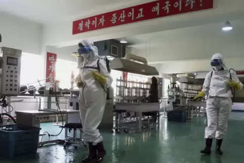 Mitarbeiter einer Fabrik in Pjöngjang desinfizieren den Boden eines Raums.