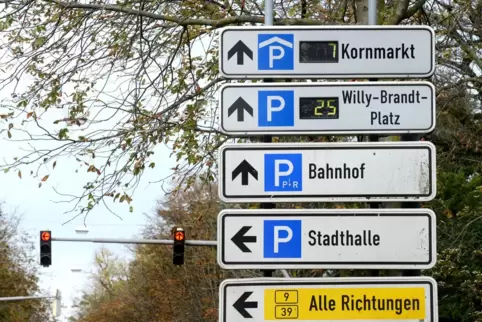 Parkleitsysteme mit Anzeige freier Parkplätze (hier in Speyer) sind teuer, deshalb hat Landau keines. Die Stadt will aber eine d