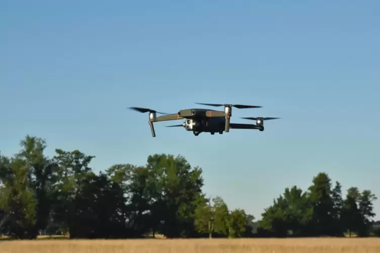 Die Drohne bei ihrem Beobachtungsflug über das Feld, das gleich gemäht werden soll. 