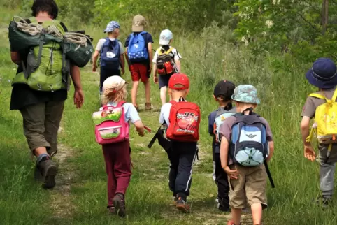Lernen und spielen im Freien: kleine Besucher einer Waldkindergarten-Gruppe. 