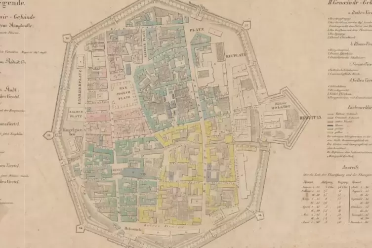 Auf einem Stadtplan aus der ersten H&auml;lfte des 19. Jahrhunderts im Stadtarchiv sind Pulvermagazin und Reithalle verzeichnet (rech