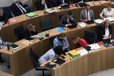 Stecken die Köpfe zusammen auf der Regierungsbank. Von links: Wirtschaftsministerin Daniela Schmitt (FDP), Integrationsministeri
