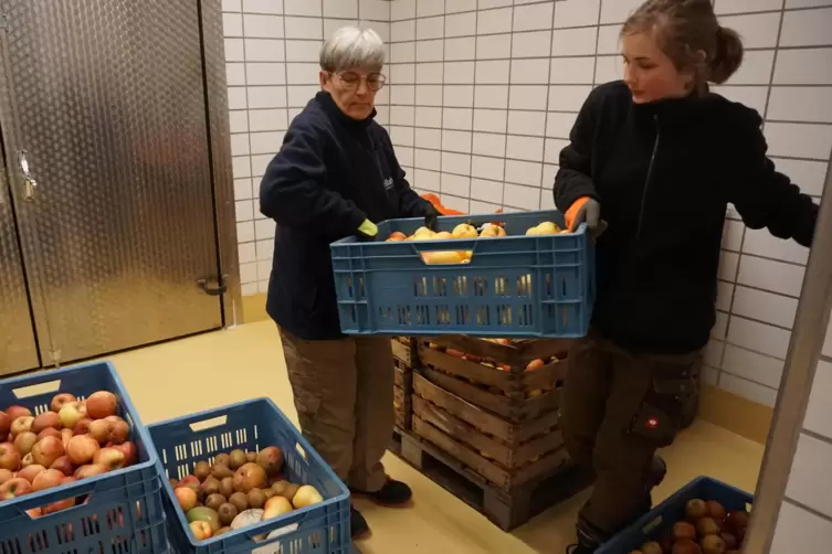 Schwerstarbeit: Tierpflegerin Claudia Heidner und Azubi Luisa Mährer bereiten kistenweise Obst und Gemüse vor. 