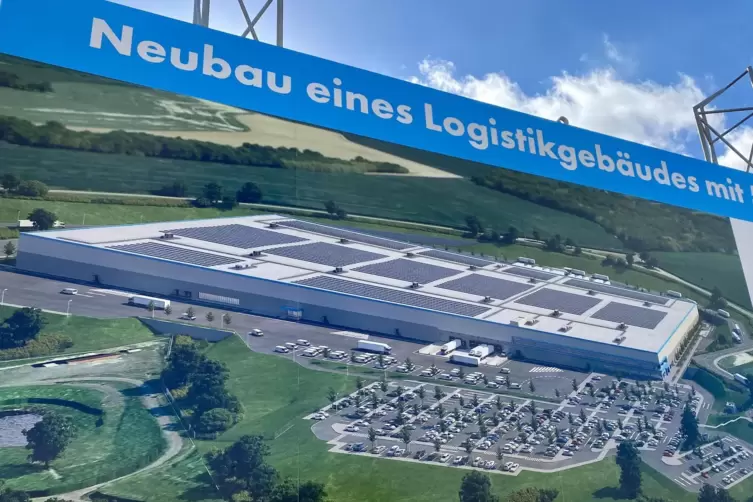 So in etwa soll das Warenverteilzentrum einmal aussehen: Baustellenschild am Steitzhof.