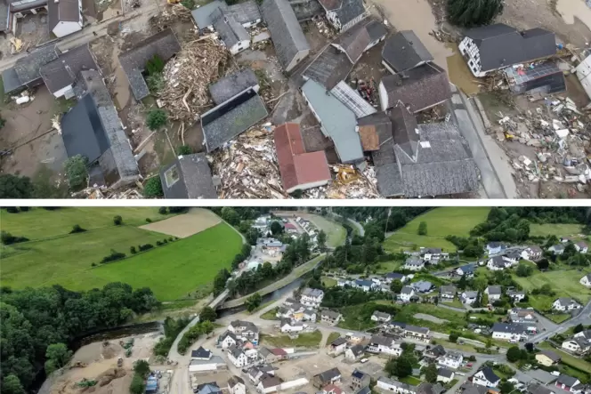Ein Jahr später: der Ort Schuld (oben) am 15. Juli 2021 und heute. Durch den Abriss vieler Häuser sind einige Freiflächen entsta