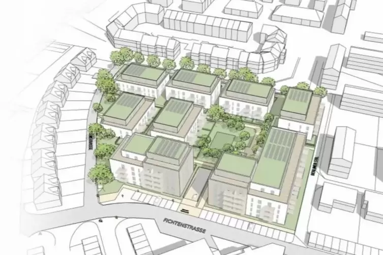 So sah die urspr&uuml;ngliche Planung der Wohnpark Landau GmbH aus. Osten ist oben, vorne ist die Fichtenstra&szlig;e zu sehen. 