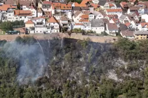 In Neuleiningen brennt am Montag ein steiler Hang. Das Feuer bedroht das Dorf. 