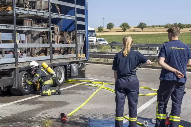 Einsatz an der Rastst&auml;tte Pfalz: Wegen erhitzter Bremsen war am Dienstag ein Lastwagen-Reifen in Brand geraten. 