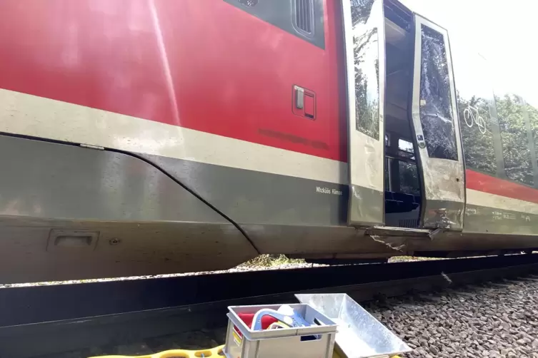 Der erste Wagen ist evakuiert. Die T&uuml;r wurde bei dem Unfall demoliert. 