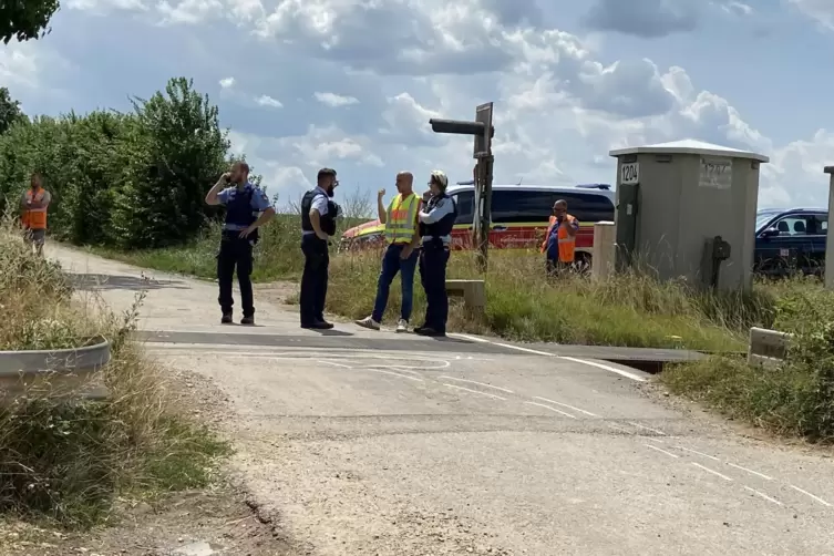 Der unbeschrankte Bahn&uuml;bergang. Auf der Stra&szlig;e ist der m&ouml;gliche Fahrweg des Transporters wei&szlig; markiert. 