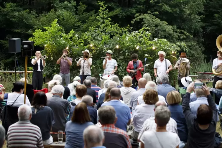 Sie packen ihr Publikum: die Wandermusikanten am Felsenweiher im Ruhetal. 