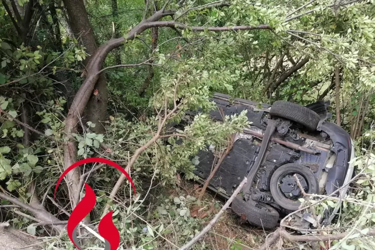 Das Unfallauto bleibt auf der Seite im Gestrüpp liegen.