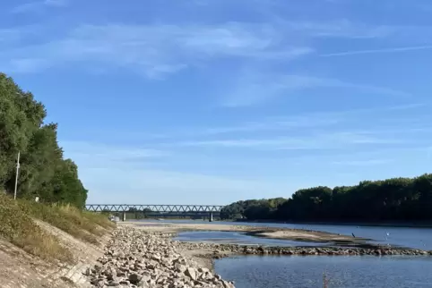 Die Kiesbänke ragen aus dem Flussbett des Rheins. Bald sind historische Tiefststände erreicht. 