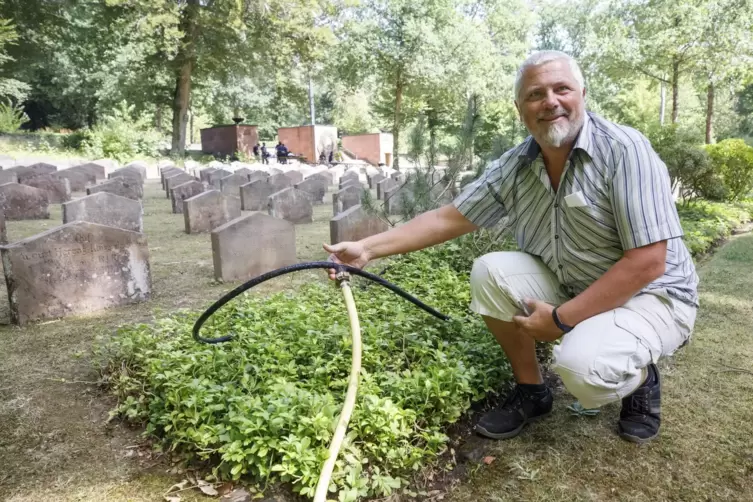 Gut versorgt: Mario Schaan zeigt die Tröpfchenbewässerung auf dem Hauptfriedhof.