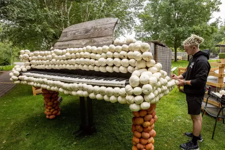 Hier wird gerade das Piano mit weißen Kürbissen bestückt. 