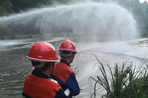 Schlauchübung als gute Tat: Die Mitglieder der Jugendfeuerwehr Ramstein pumpten das Wasser des Streitwiesensees ab und leiteten 