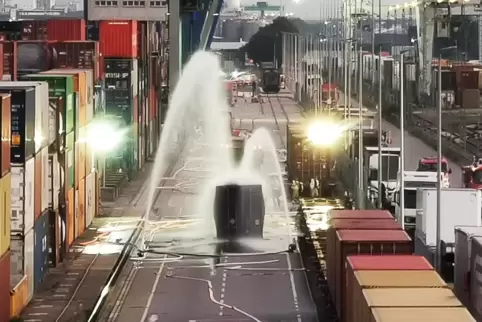 Auch am Tag nach dem Gefahrgutaustritt muss der Container mit Wasser besprüht werden.