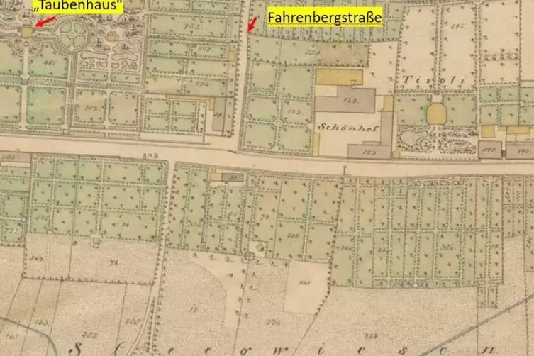 Dingler-Spuren auf einer Karte von 1842.