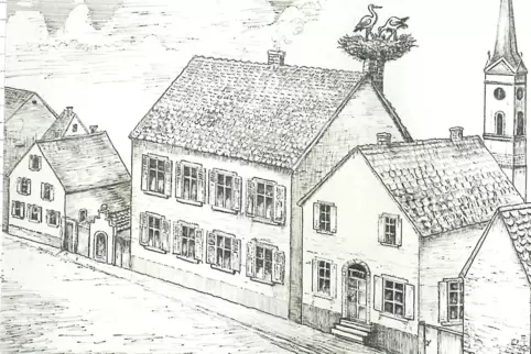 Federzeichnung: Die einstige Zigarrenfabrik in der Luitpoldstraße mit dem bis in die 1950er-Jahre besetzten Storchennest. Links 