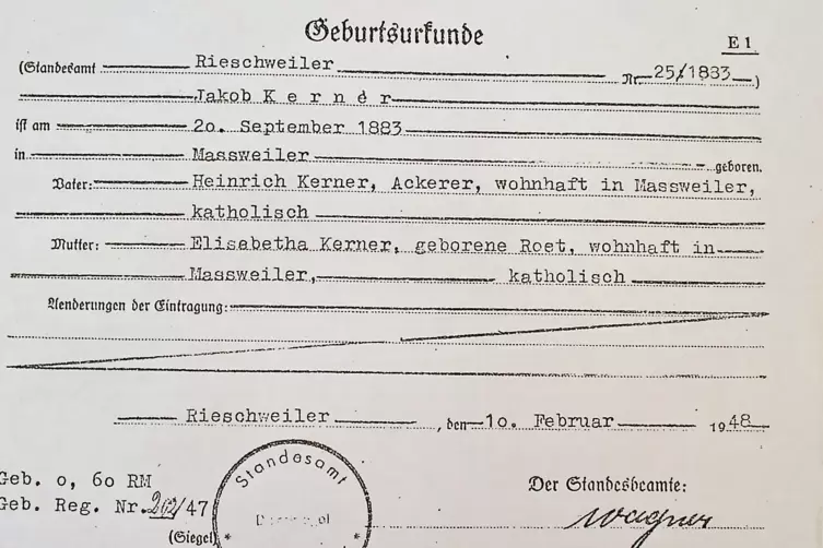 Am 20. August 1883 kam Jakob Kerner, der Urgro&szlig;vater von Johannes B. Kerner, in Rieschweiler zur Welt. Sein Gro&szlig;vater Richard un