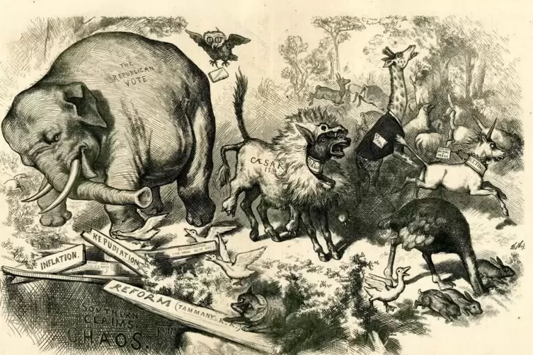 Zeichnug von Thomas Nast mit dem Elefanten als Symbol für die republikanische Partei in den USA. 