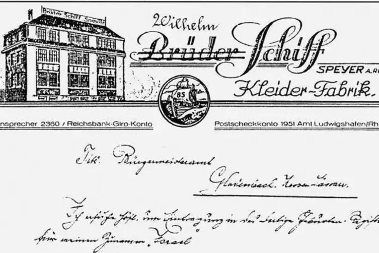 Briefkopf: Kleiderfabrik Schiff aus dem Jahr 1935.