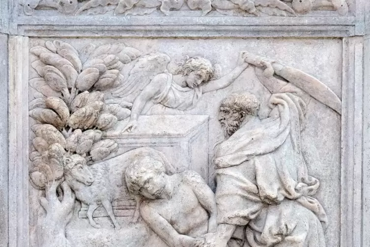 Das Relief an der Basilika in Bologna zeigt, wie Abraham dabei ist, seinen Sohn Isaak zu opfern.