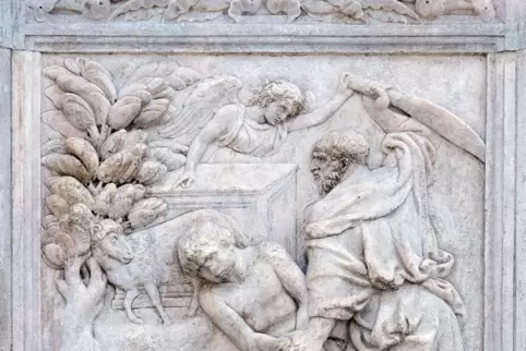 Das Relief an der Basilika in Bologna zeigt, wie Abraham dabei ist, seinen Sohn Isaak zu opfern.