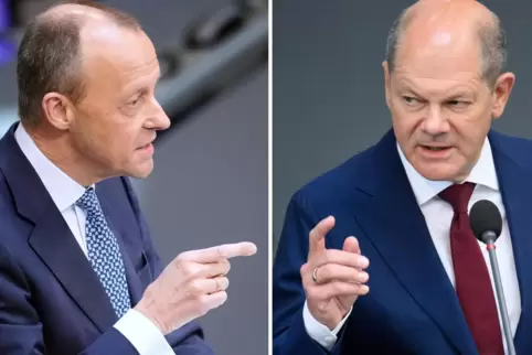 Unionsfraktionschef Friedrich Merz (links) und Bundeskanzler Olaf Scholz (SPD) lieferten sich am Mittwoch im Bundestag einen hef